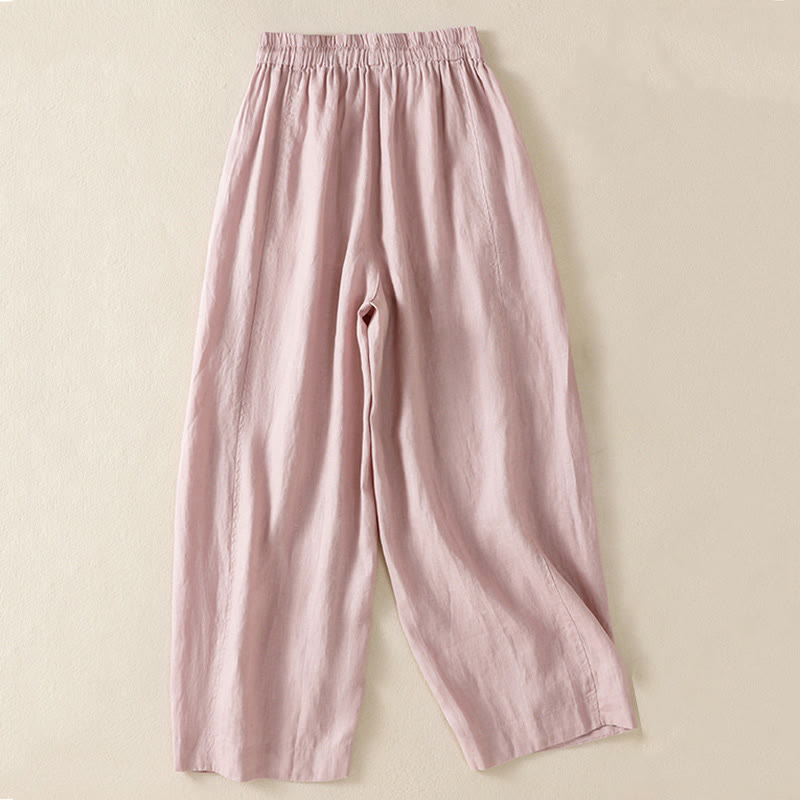Commute Plain Design Drawstring Cotton Linen Women's Wide Leg Pants With Pockets - Image 21