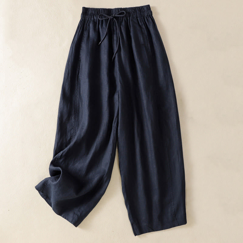 Commute Plain Design Drawstring Cotton Linen Women's Wide Leg Pants With Pockets - Image 14