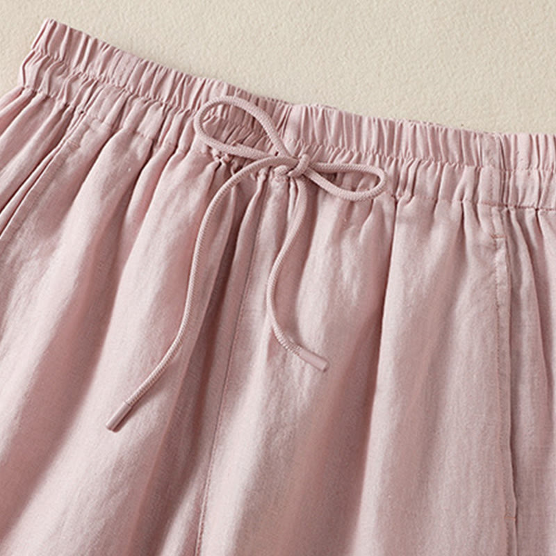 Commute Plain Design Drawstring Cotton Linen Women's Wide Leg Pants With Pockets - Image 22
