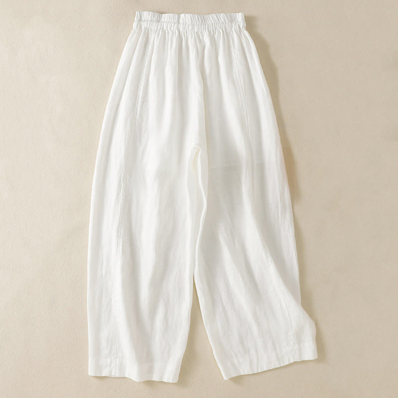 Commute Plain Design Drawstring Cotton Linen Women's Wide Leg Pants With Pockets - Image 30