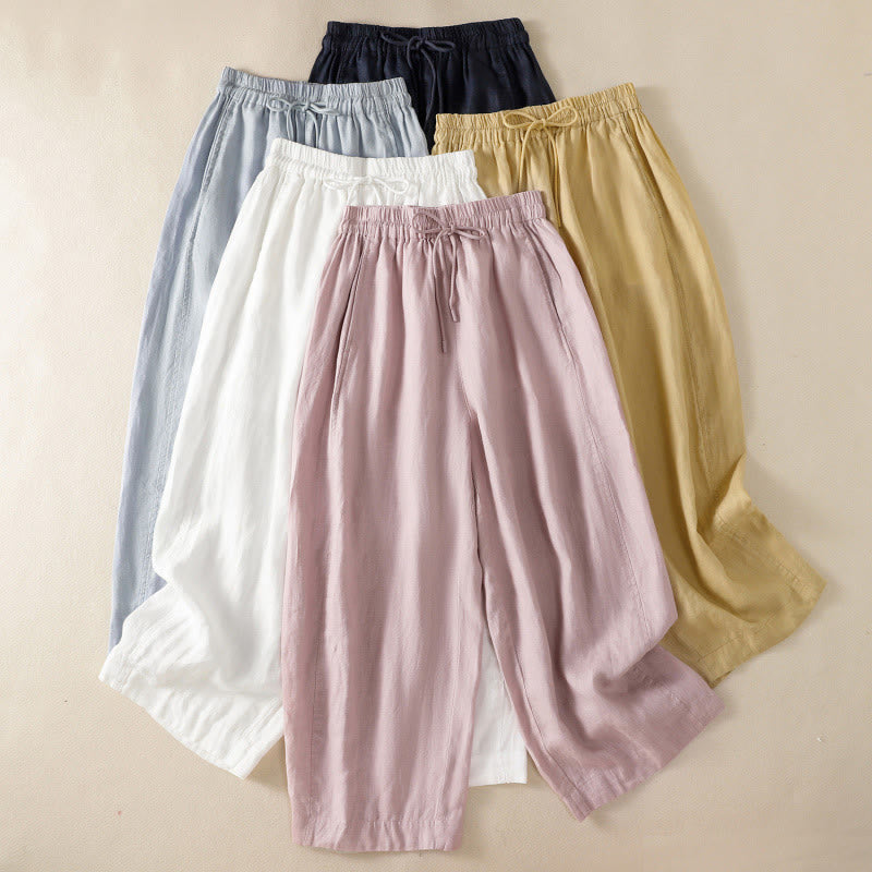 Commute Plain Design Drawstring Cotton Linen Women's Wide Leg Pants With Pockets - Image 35