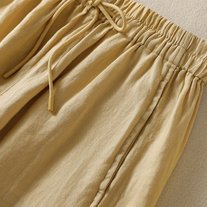 Commute Plain Design Drawstring Cotton Linen Women's Wide Leg Pants With Pockets - Image 11