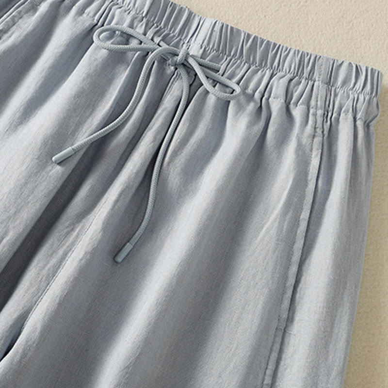 Commute Plain Design Drawstring Cotton Linen Women's Wide Leg Pants With Pockets - Image 4