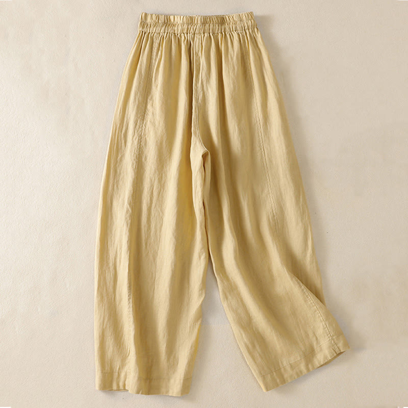 Commute Plain Design Drawstring Cotton Linen Women's Wide Leg Pants With Pockets - Image 9
