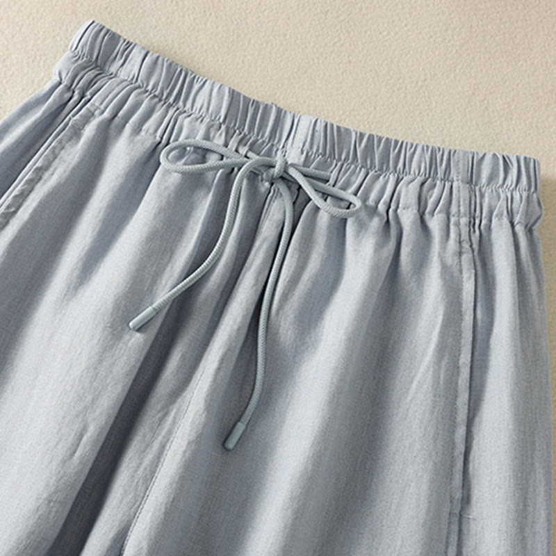 Commute Plain Design Drawstring Cotton Linen Women's Wide Leg Pants With Pockets - Image 3