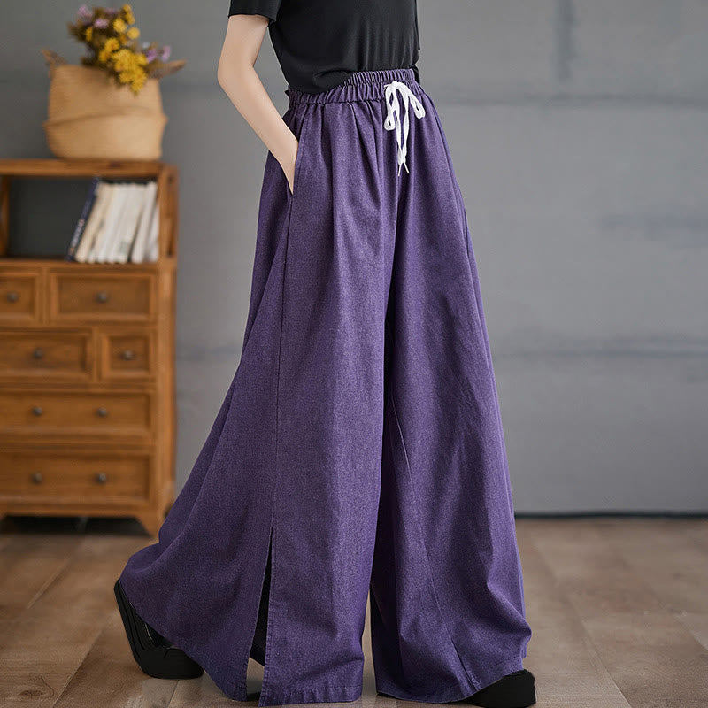 Retro Leg Opening Slit Design Cotton Women's Wide Leg Pants With Pockets