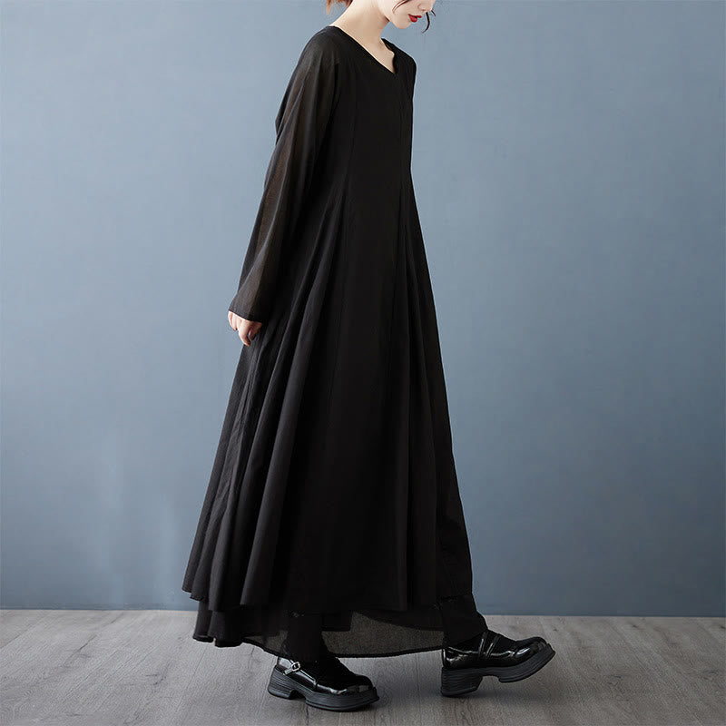 Spring Double Layer Design Cotton Long Sleeve Women's Midi Dress - Image 4