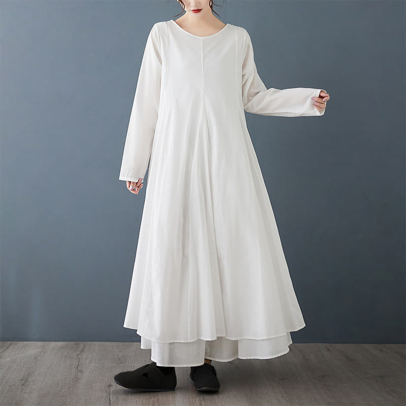 Spring Double Layer Design Cotton Long Sleeve Women's Midi Dress