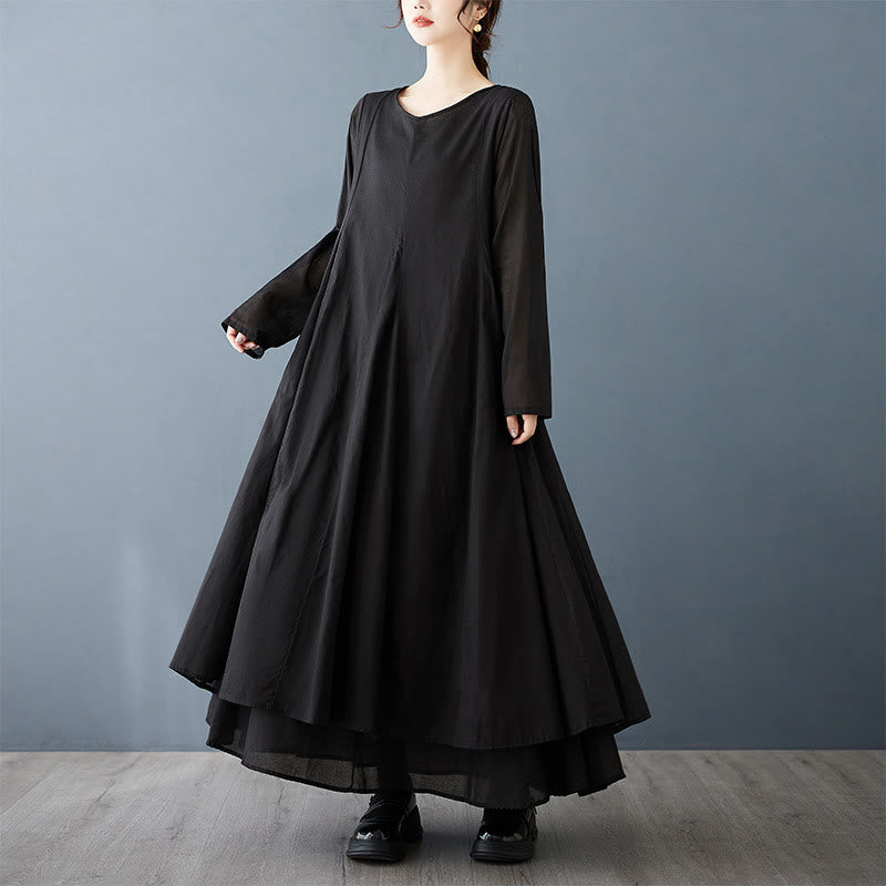 Spring Double Layer Design Cotton Long Sleeve Women's Midi Dress - Image 5