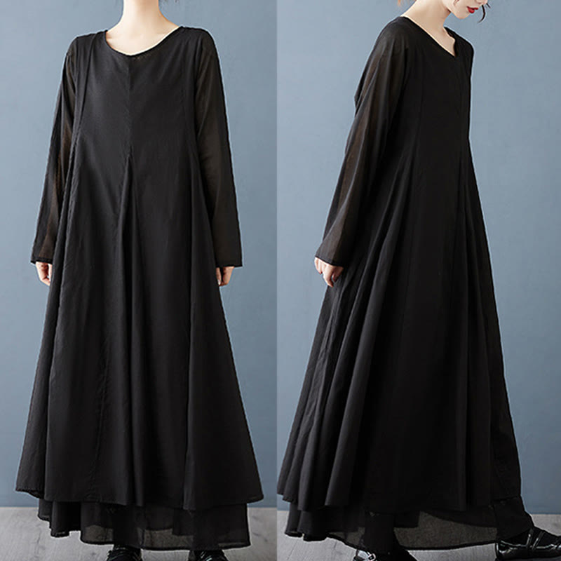 Spring Double Layer Design Cotton Long Sleeve Women's Midi Dress - Image 8