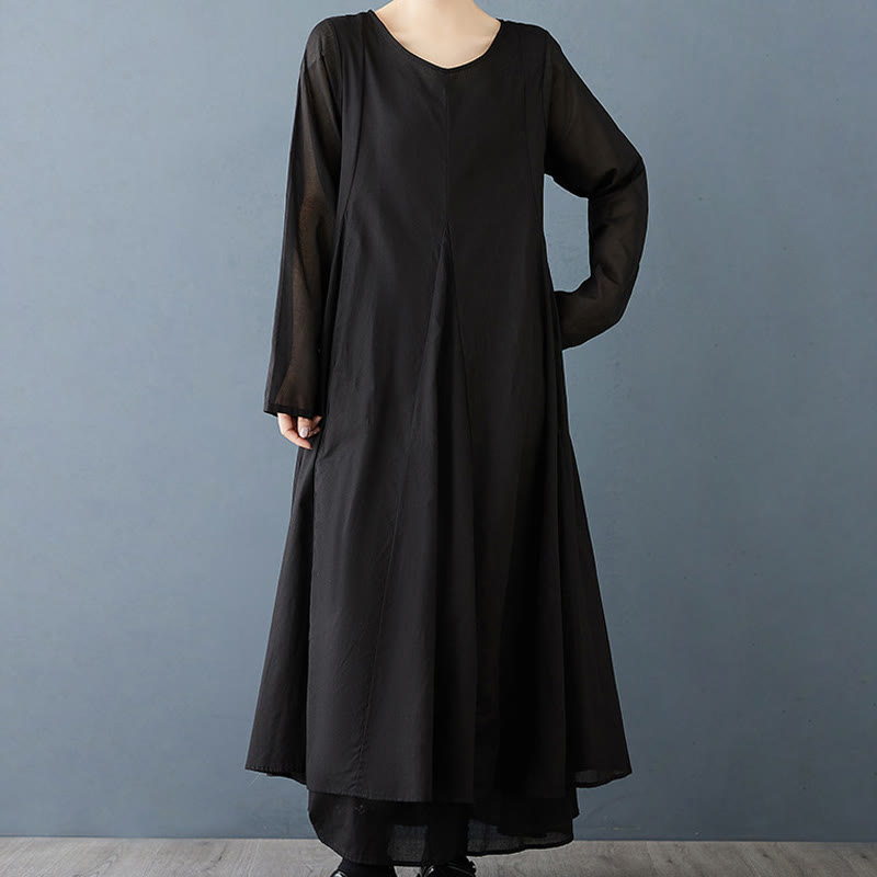 Spring Double Layer Design Cotton Long Sleeve Women's Midi Dress - Image 7