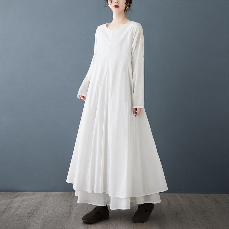 Spring Double Layer Design Cotton Long Sleeve Women's Midi Dress - Image 3