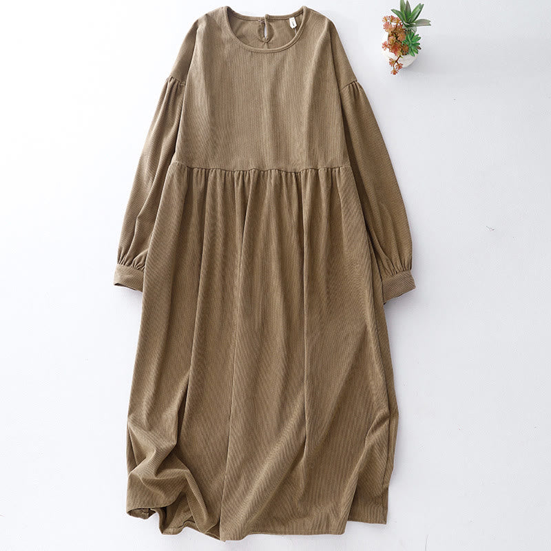 Tan Solid Color Cotton Linen Corduroy Puff Long Sleeve Midi Dress