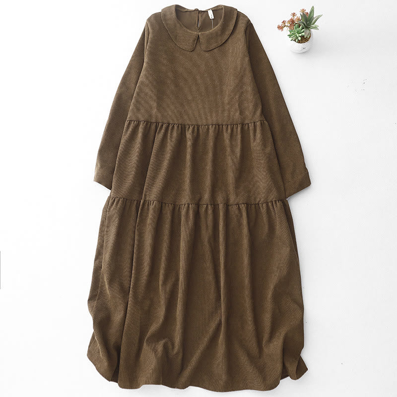 Button Design Cotton Corduroy Peter Pan Collar Long Sleeve Midi Dress With Pockets
