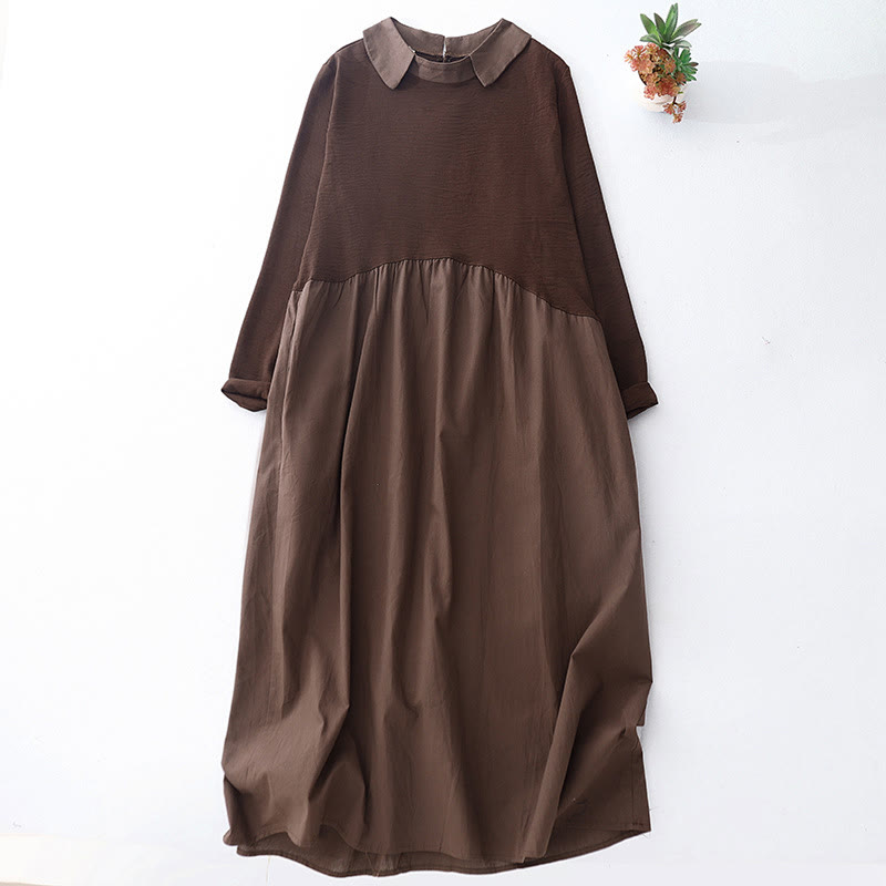 Spring Plain Lapel Long Sleeve Cotton Linen Midi Dress With Pockets