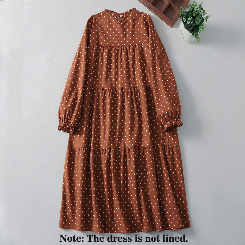 Spring Dot Pattern Ruffle Crew Neck Long Sleeve Cotton Linen Midi Dress With Pockets - Image 2