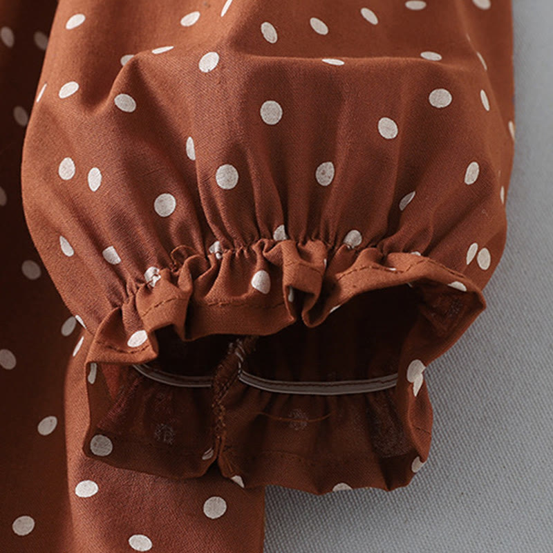 Spring Dot Pattern Ruffle Crew Neck Long Sleeve Cotton Linen Midi Dress With Pockets - Image 6