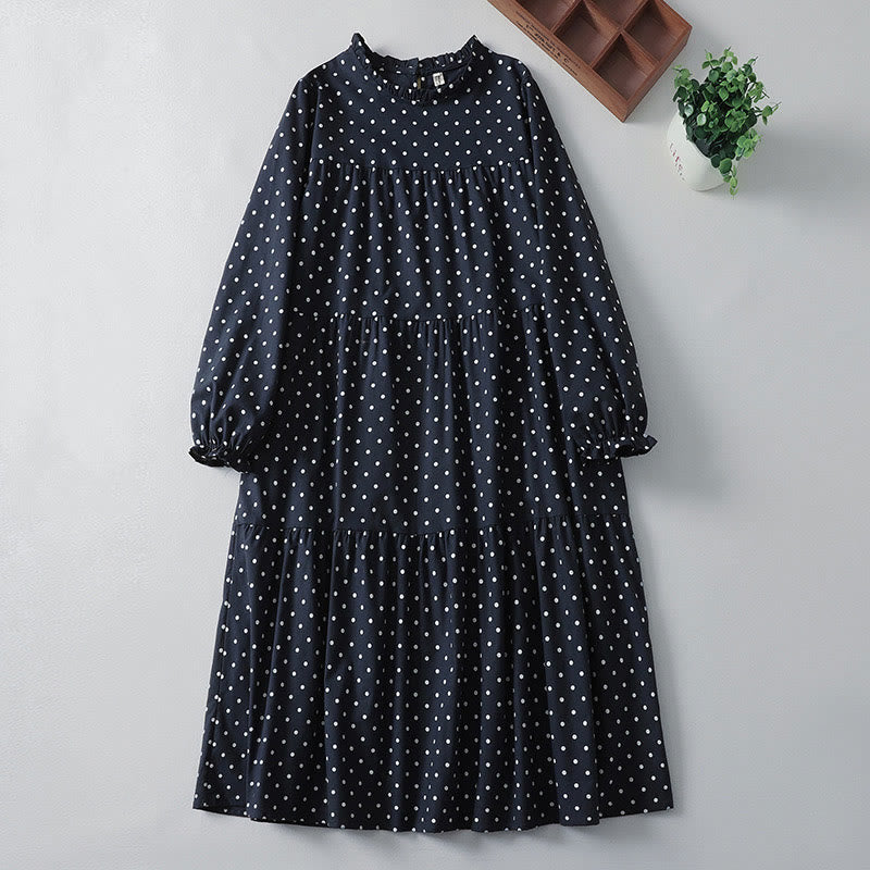 Spring Dot Pattern Ruffle Crew Neck Long Sleeve Cotton Linen Midi Dress With Pockets - Image 11