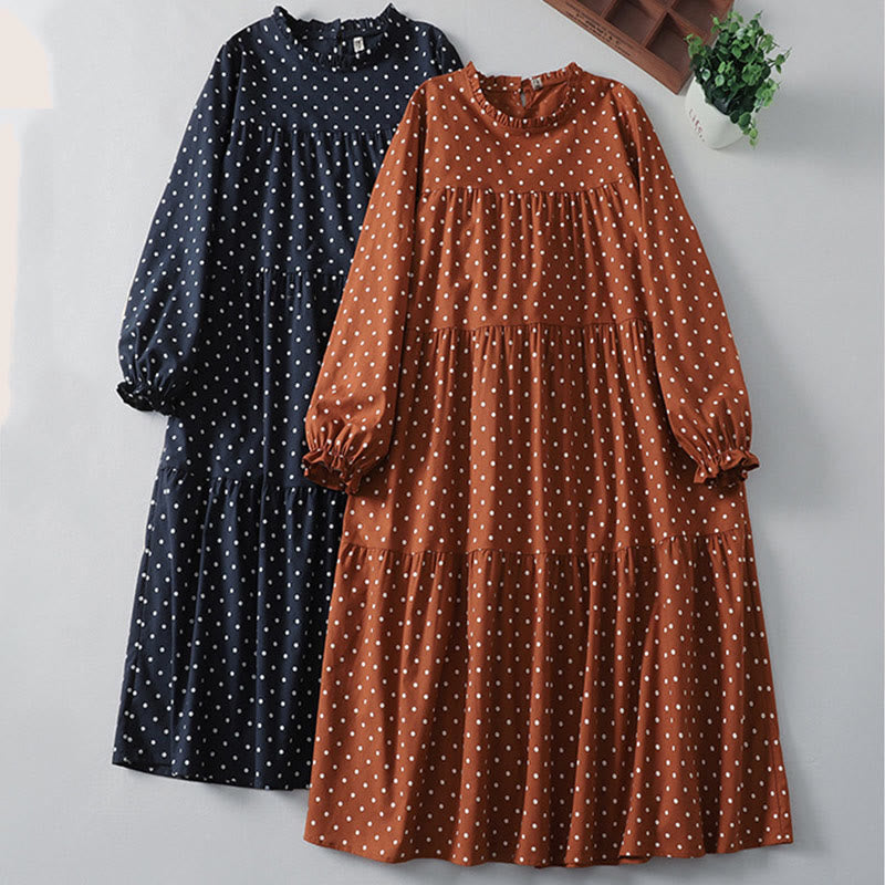 Spring Dot Pattern Ruffle Crew Neck Long Sleeve Cotton Linen Midi Dress With Pockets - Image 17