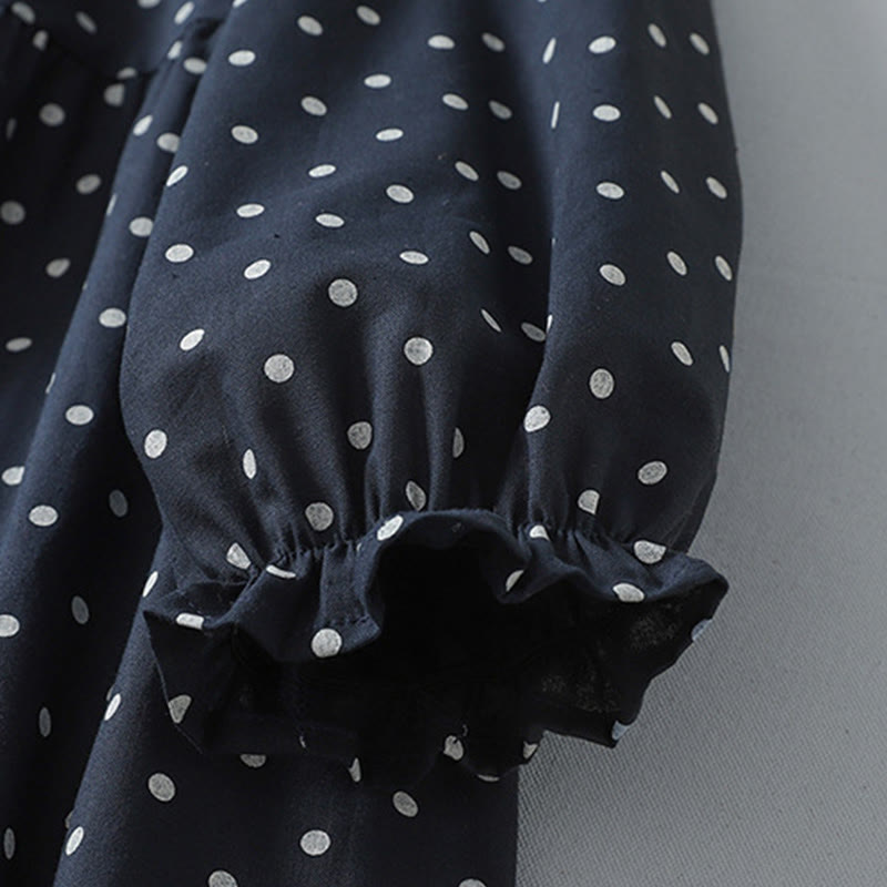 Spring Dot Pattern Ruffle Crew Neck Long Sleeve Cotton Linen Midi Dress With Pockets - Image 15