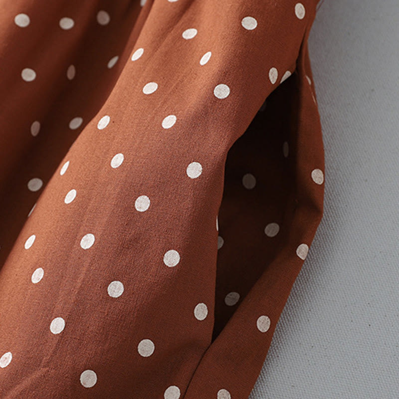 Spring Dot Pattern Ruffle Crew Neck Long Sleeve Cotton Linen Midi Dress With Pockets - Image 7