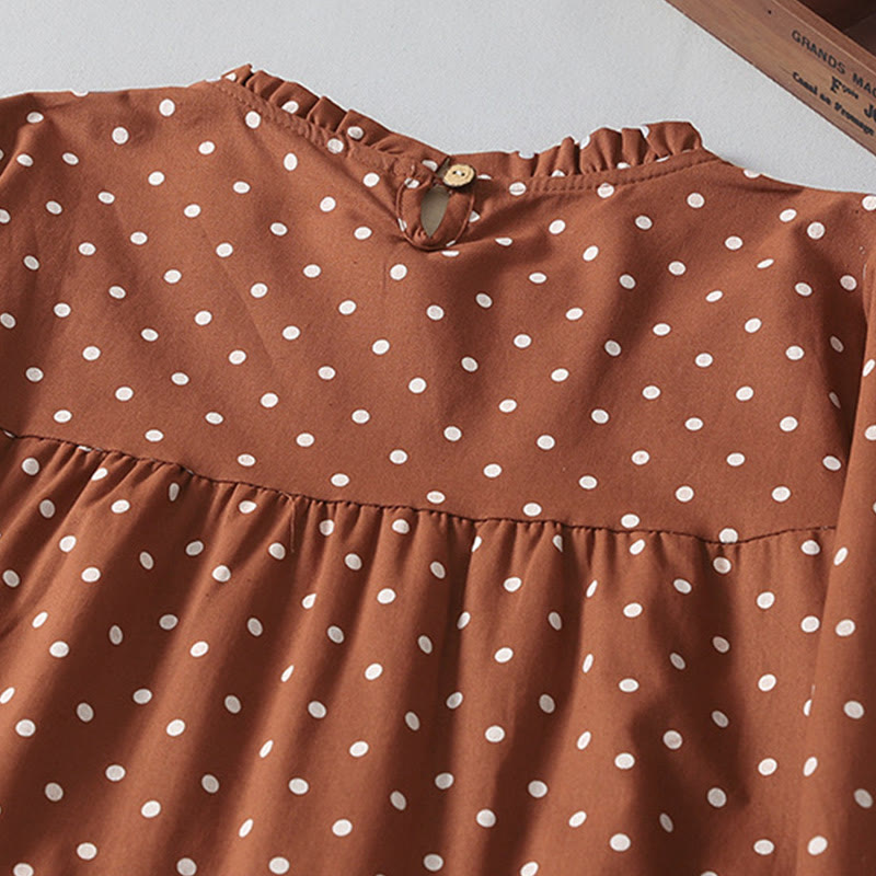 Spring Dot Pattern Ruffle Crew Neck Long Sleeve Cotton Linen Midi Dress With Pockets - Image 4