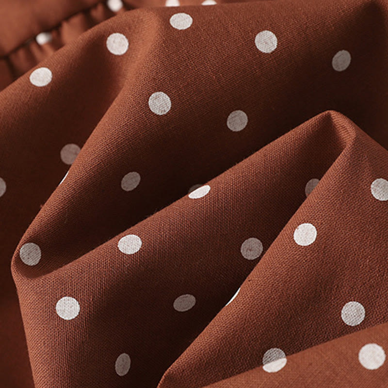 Spring Dot Pattern Ruffle Crew Neck Long Sleeve Cotton Linen Midi Dress With Pockets - Image 8