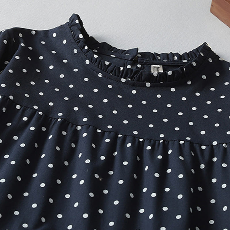 Spring Dot Pattern Ruffle Crew Neck Long Sleeve Cotton Linen Midi Dress With Pockets - Image 13