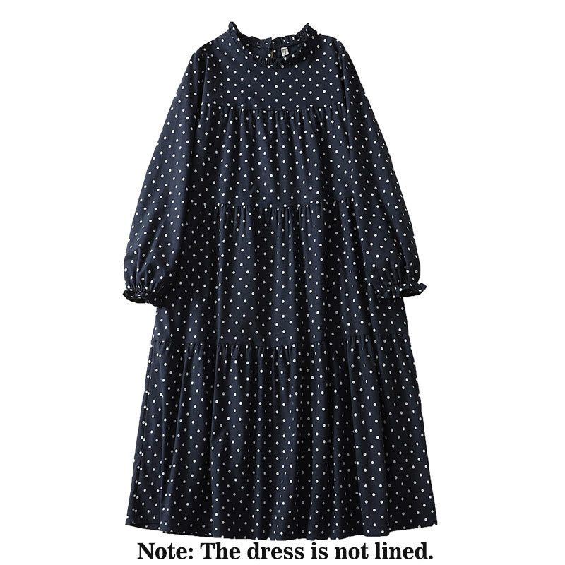 Spring Dot Pattern Ruffle Crew Neck Long Sleeve Cotton Linen Midi Dress With Pockets - Image 12