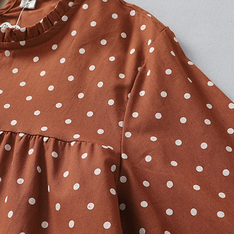 Spring Dot Pattern Ruffle Crew Neck Long Sleeve Cotton Linen Midi Dress With Pockets - Image 5