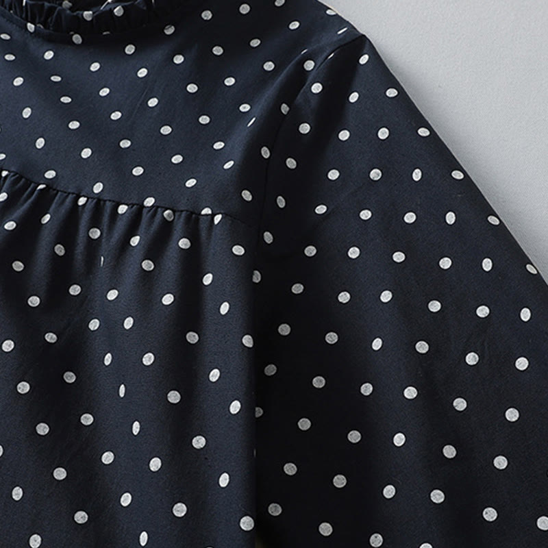 Spring Dot Pattern Ruffle Crew Neck Long Sleeve Cotton Linen Midi Dress With Pockets - Image 14