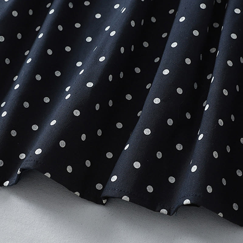 Spring Dot Pattern Ruffle Crew Neck Long Sleeve Cotton Linen Midi Dress With Pockets - Image 16