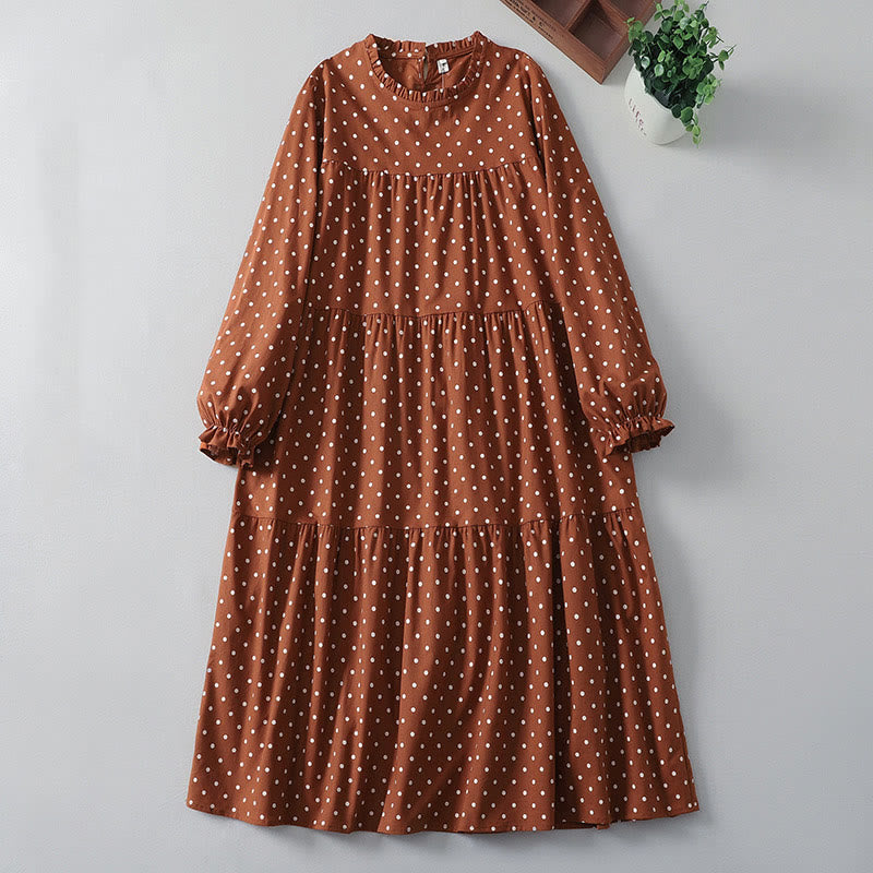 Spring Dot Pattern Ruffle Crew Neck Long Sleeve Cotton Linen Midi Dress With Pockets