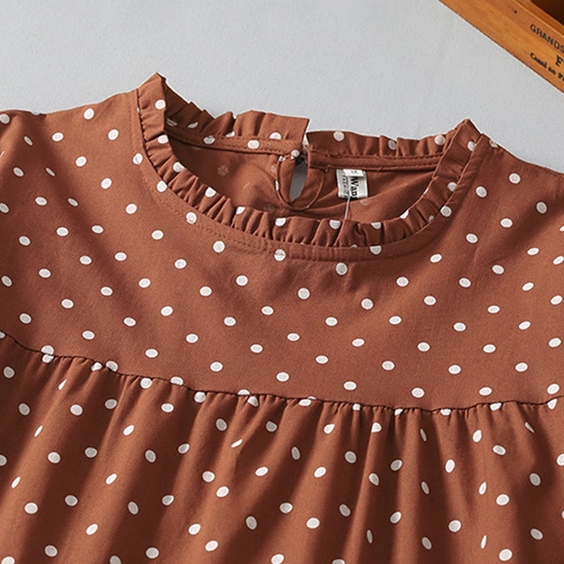 Spring Dot Pattern Ruffle Crew Neck Long Sleeve Cotton Linen Midi Dress With Pockets - Image 3