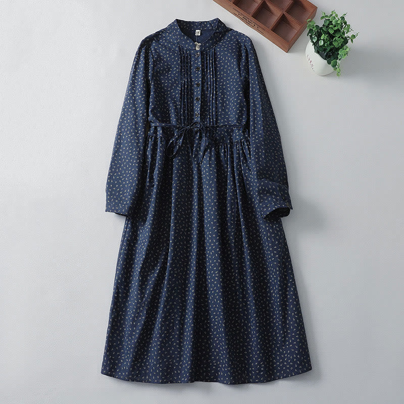 Printing Floral Accordion Pleats Cotton Linen Long Sleeve Midi Dress With Pockets