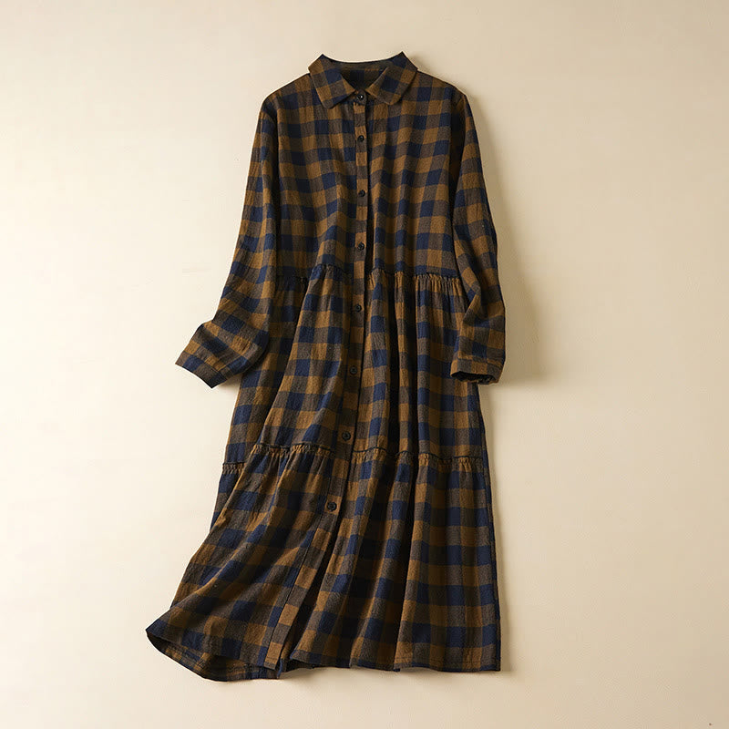 Contrast Color Plaid Buttons Design Cotton Linen Long Sleeve Midi Dress With Pockets
