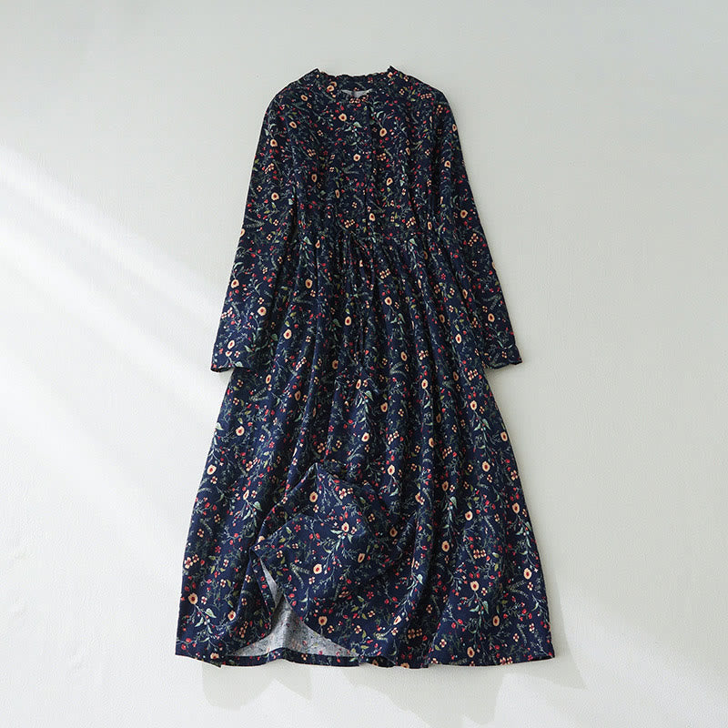 Ethnic Printing Floral Lace-Up Design Long Sleeve Cotton Linen Midi Dress