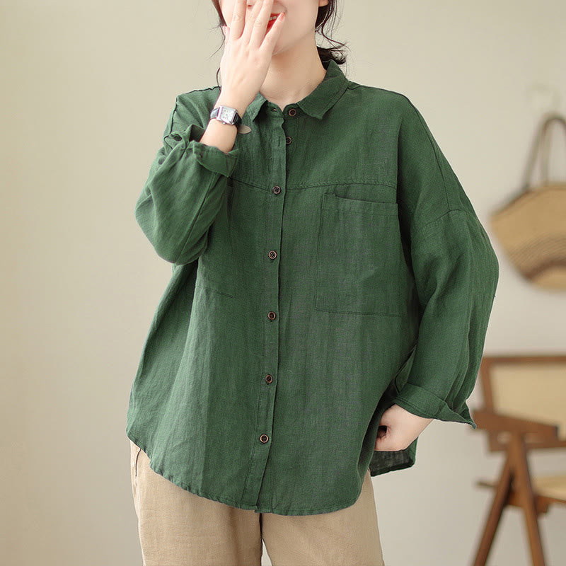 Casual Plain Women's Cotton Linen Long Sleeve Shirt