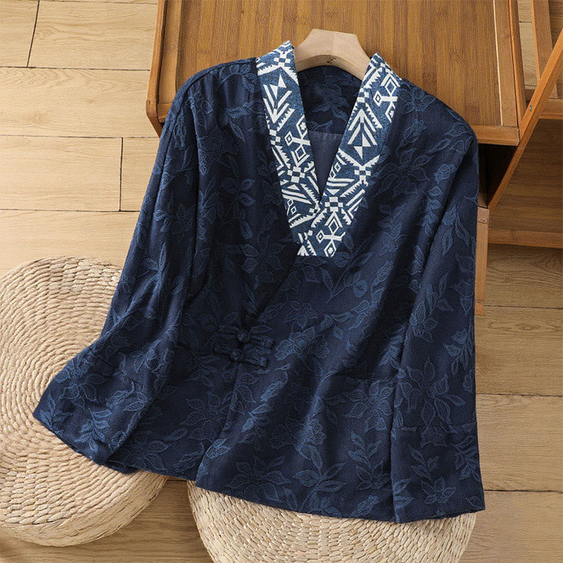 Casual Jacquard Frog-Button Women's Cotton Linen Long Sleeve Shirt