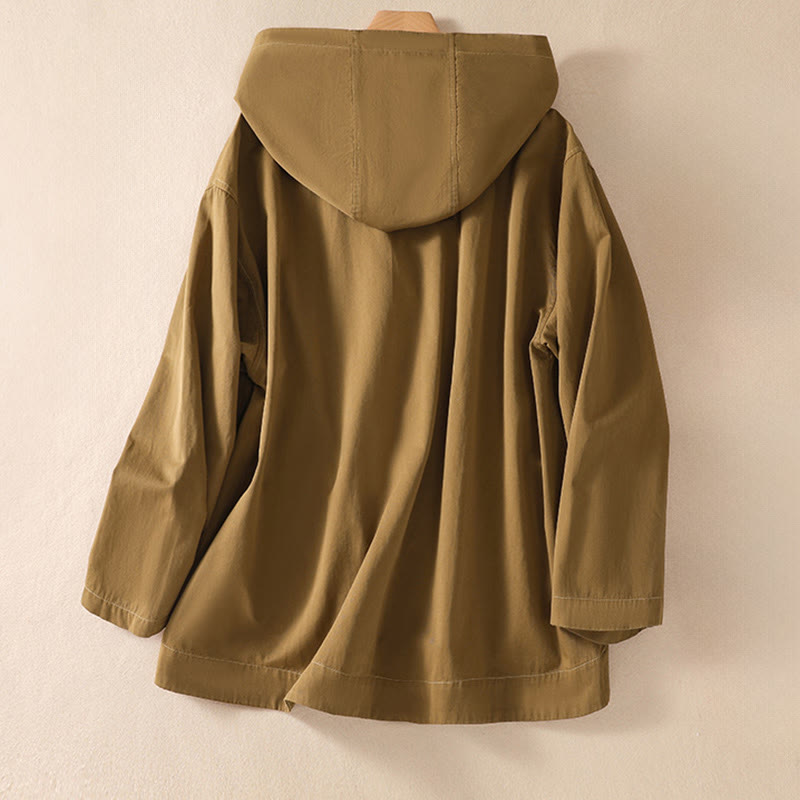 Pure Color Hooded Women's Long Sleeve Cotton Jacket With Pockets - Image 3