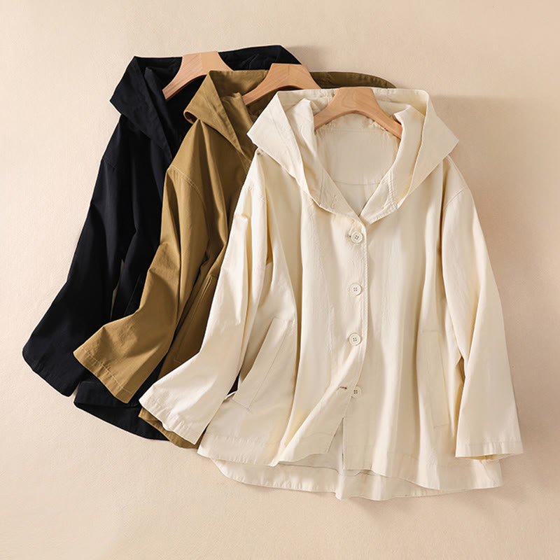 Pure Color Hooded Women's Long Sleeve Cotton Jacket With Pockets