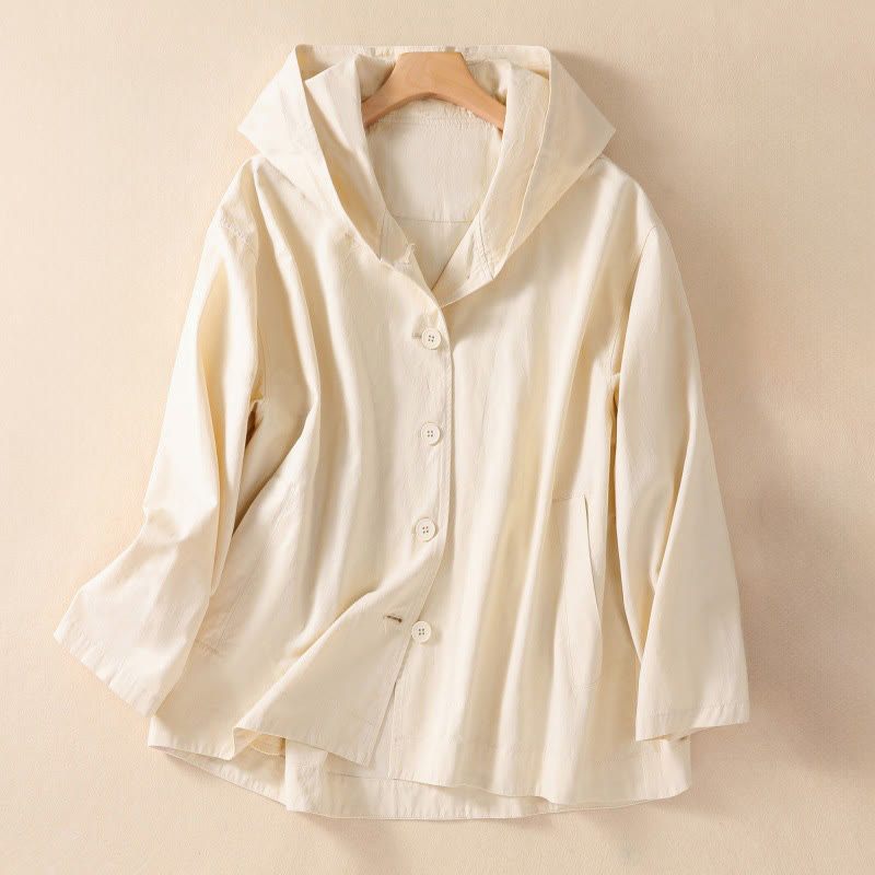 Pure Color Hooded Women's Long Sleeve Cotton Jacket With Pockets - Image 7