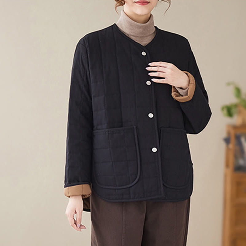 Retro Plain Women's Thick Cotton Long Sleeve Coat Jacket With Pockets - Image 4