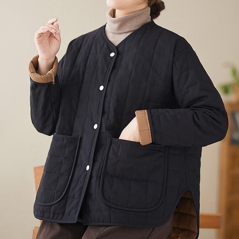 Retro Plain Women's Thick Cotton Long Sleeve Coat Jacket With Pockets - Image 7