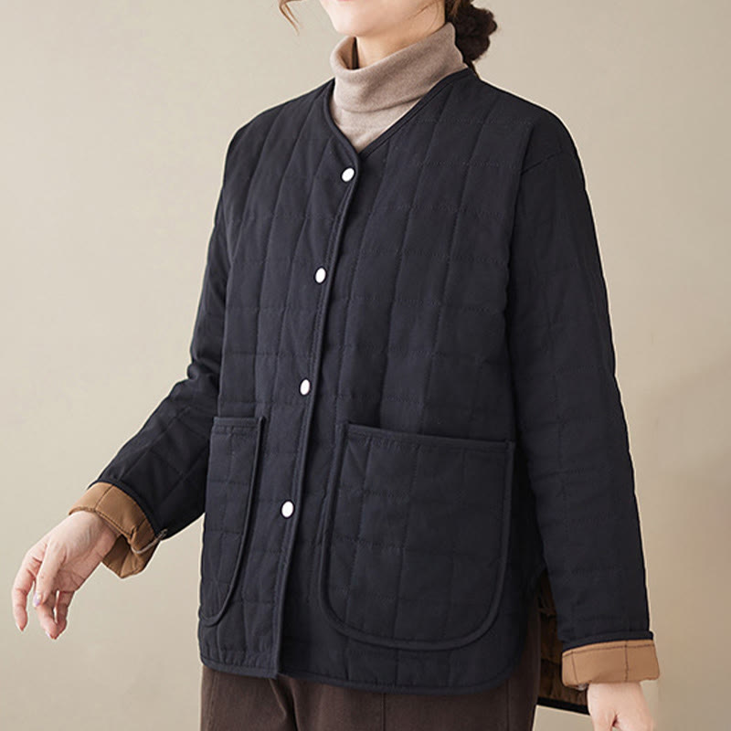 Retro Plain Women's Thick Cotton Long Sleeve Coat Jacket With Pockets - Image 6