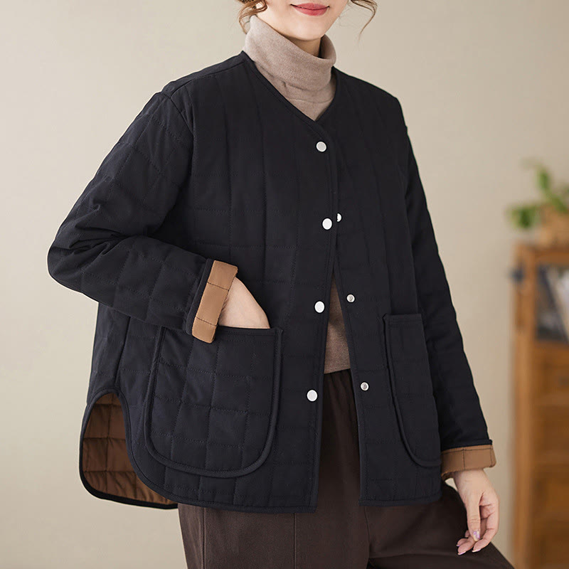 Retro Plain Women's Thick Cotton Long Sleeve Coat Jacket With Pockets - Image 3