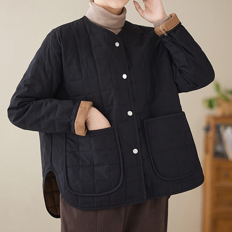 Retro Plain Women's Thick Cotton Long Sleeve Coat Jacket With Pockets - Image 5