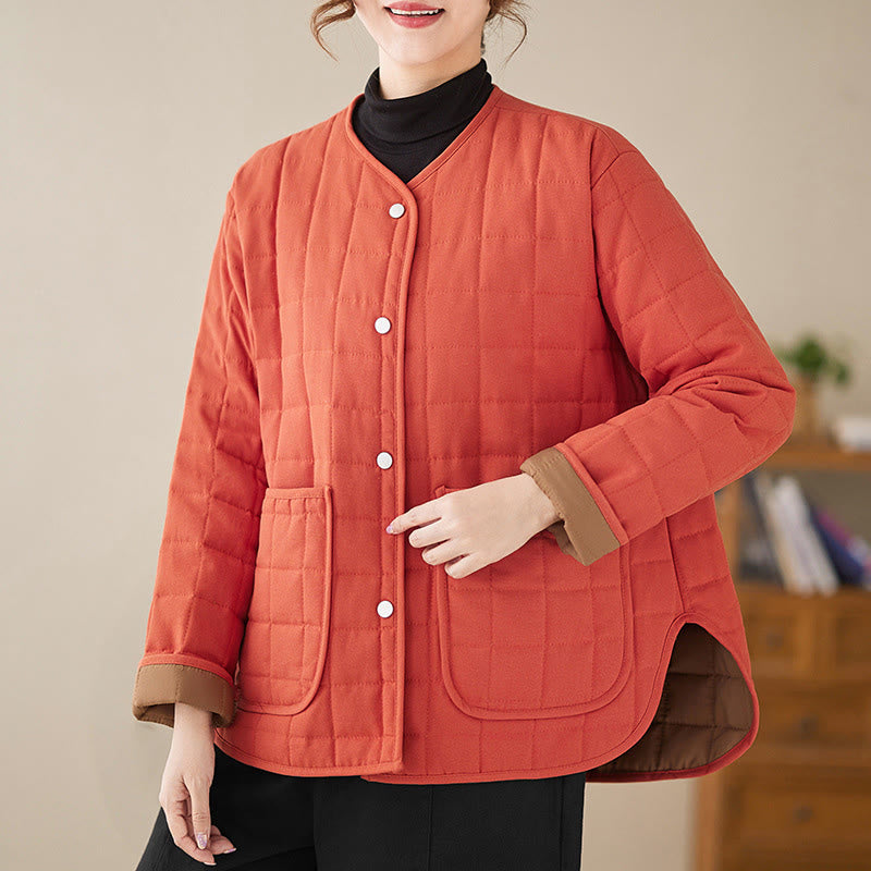 Retro Plain Women's Thick Cotton Long Sleeve Coat Jacket With Pockets - Image 9