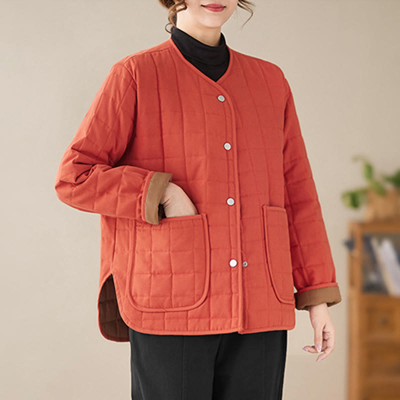 Retro Plain Women's Thick Cotton Long Sleeve Coat Jacket With Pockets - Image 10