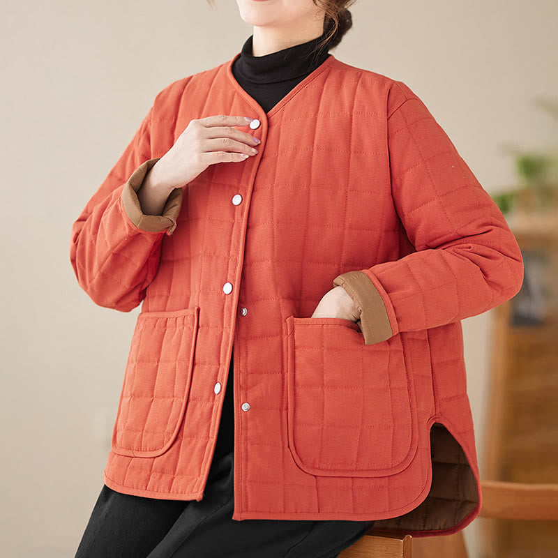 Retro Plain Women's Thick Cotton Long Sleeve Coat Jacket With Pockets - Image 14